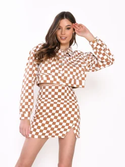 Glamorous Mini Skirts|Tan Checkerboard Side Split Mini Skirt -
