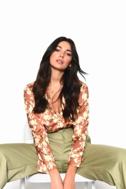 Glamorous Blouses & Shirts|Tan Yellow Floral Long Sleeve Button Down Shirt -