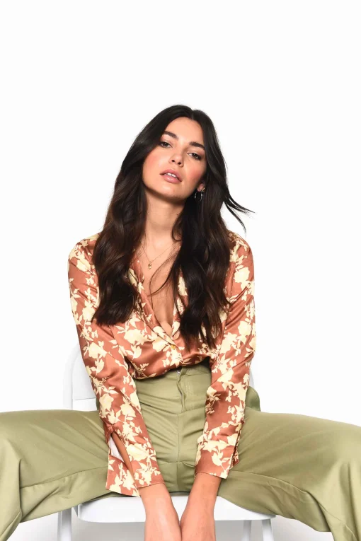 Glamorous Blouses & Shirts|Tan Yellow Floral Long Sleeve Button Down Shirt -