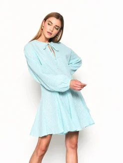 Glamorous Mini Dresses|Mini Dresses|Turquoise Gingham Long Sleeve Mini Dress -