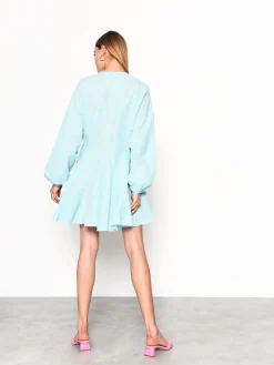 Glamorous Mini Dresses|Mini Dresses|Turquoise Gingham Long Sleeve Mini Dress -