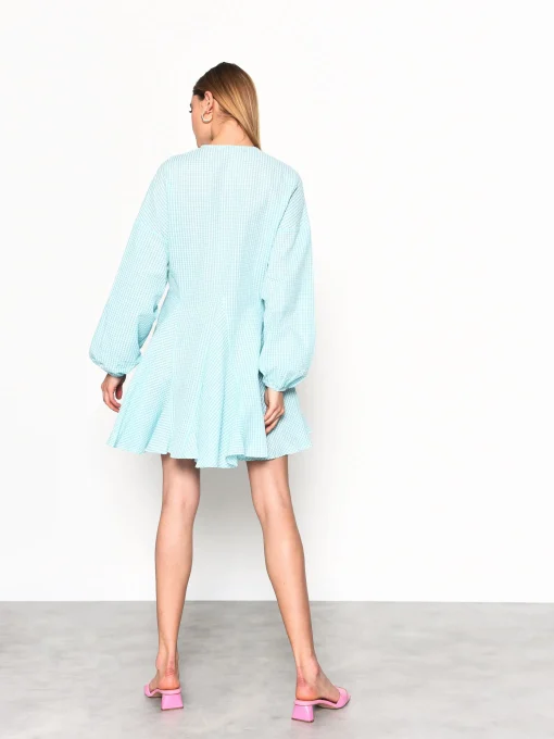 Glamorous Mini Dresses|Mini Dresses|Turquoise Gingham Long Sleeve Mini Dress -
