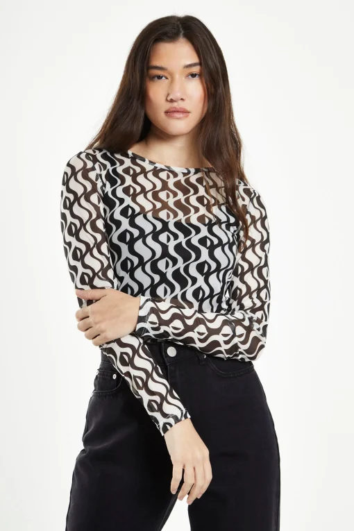 Glamorous Going Out Tops|Wavy Mono Mesh Long Sleeve Top -