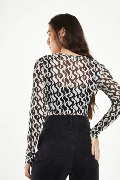 Glamorous Going Out Tops|Wavy Mono Mesh Long Sleeve Top -