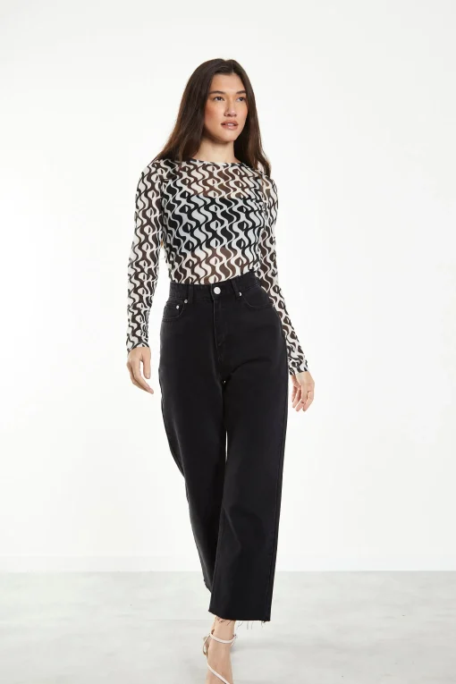 Glamorous Going Out Tops|Wavy Mono Mesh Long Sleeve Top -