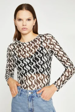 Glamorous Going Out Tops|Crops, Corsets & Bodysuits|Wavy Mono Mesh Long Sleeve Bodysuit -
