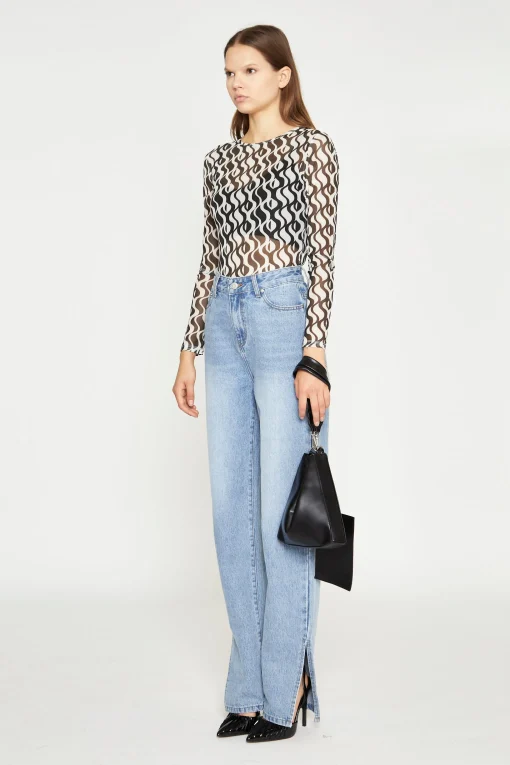 Glamorous Going Out Tops|Crops, Corsets & Bodysuits|Wavy Mono Mesh Long Sleeve Bodysuit -