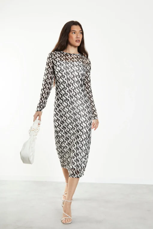 Glamorous Midi & Midaxi Dresses|Midi & Midaxi Dresses|Wavy Mono Mesh Midi dress with Long Sleeves & Cami Slip -