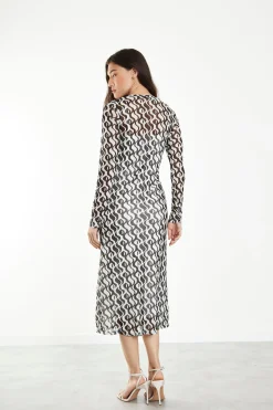 Glamorous Midi & Midaxi Dresses|Midi & Midaxi Dresses|Wavy Mono Mesh Midi dress with Long Sleeves & Cami Slip -