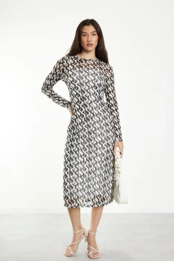 Glamorous Midi & Midaxi Dresses|Midi & Midaxi Dresses|Wavy Mono Mesh Midi dress with Long Sleeves & Cami Slip -