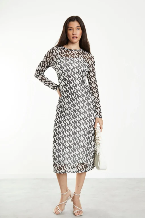 Glamorous Midi & Midaxi Dresses|Midi & Midaxi Dresses|Wavy Mono Mesh Midi dress with Long Sleeves & Cami Slip -