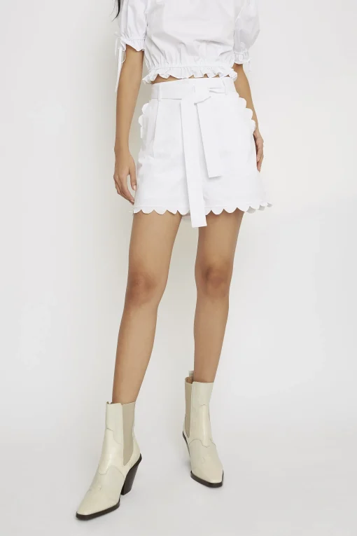 Glamorous Woven Shorts|White Belted Scallop Hem High Waisted Shorts -