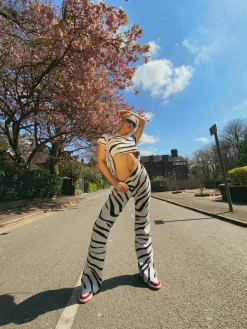 Glamorous Jet Setter|Co-ords|White Black Zebra Knitted Flared Trousers -
