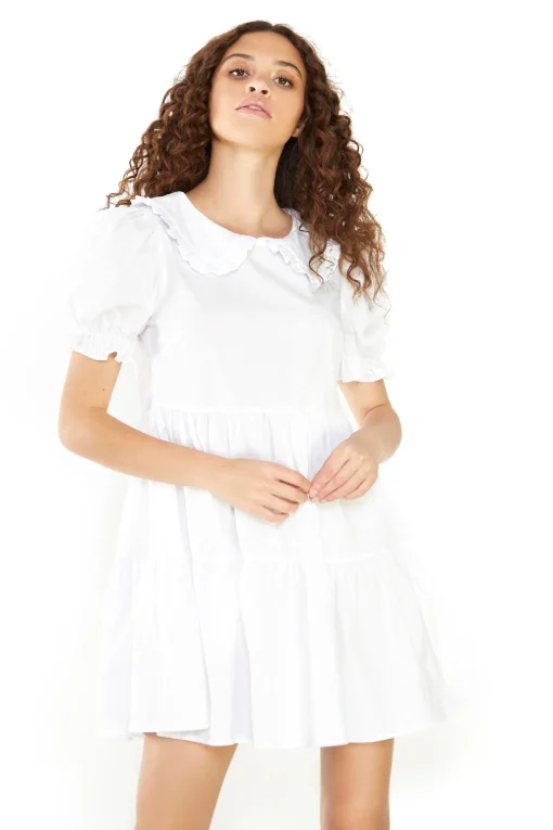 Glamorous Day Dresses|Mini Dresses|White Collar Puff Shoulder Mini Dress -