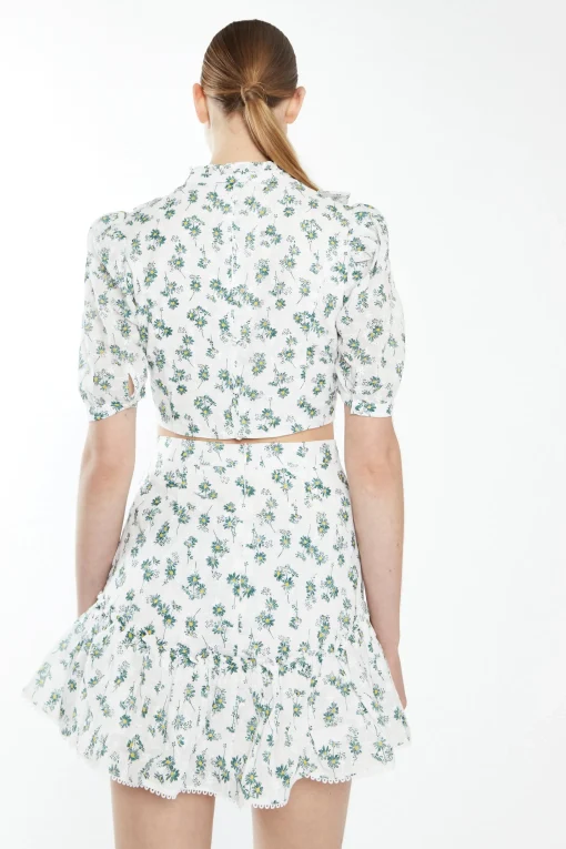 Glamorous Best Dressed Guest|White Dark Green Broderie High Neck Crop Top with Ruffle Det -