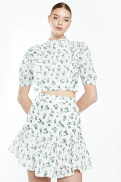 Glamorous Best Dressed Guest|White Dark Green Broderie High Neck Crop Top with Ruffle Det -