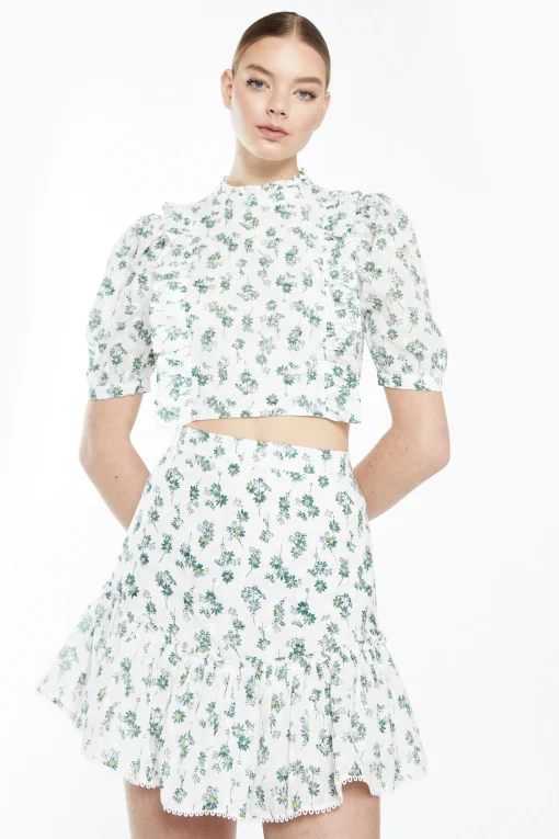 Glamorous Best Dressed Guest|White Dark Green Broderie High Neck Crop Top with Ruffle Det -