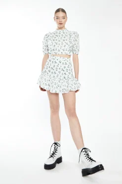 Glamorous Best Dressed Guest|White Dark Green Broderie High Neck Crop Top with Ruffle Det -