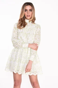 Glamorous Best Dressed Guest|Go To Partywear|White Green Broderie Crochet Mini Dress -