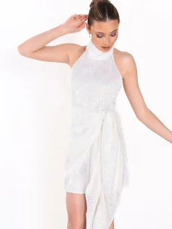 Glamorous Going Out Skirts|Go To Partywear|White Iridescent Sequin High Neck Backless Drape Skirt Detai -