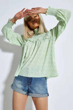 Glamorous Blouses & Shirts|White Mint Ditsy High Neck Blouse -