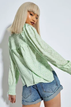 Glamorous Blouses & Shirts|White Mint Ditsy High Neck Blouse -