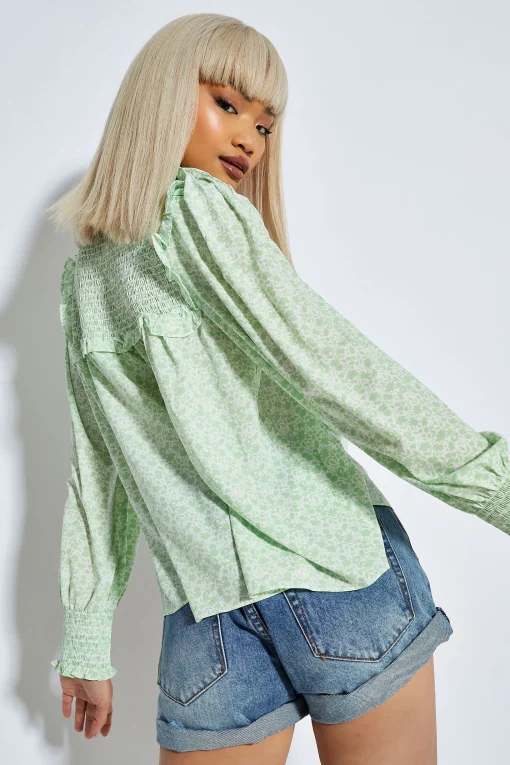 Glamorous Blouses & Shirts|White Mint Ditsy High Neck Blouse -