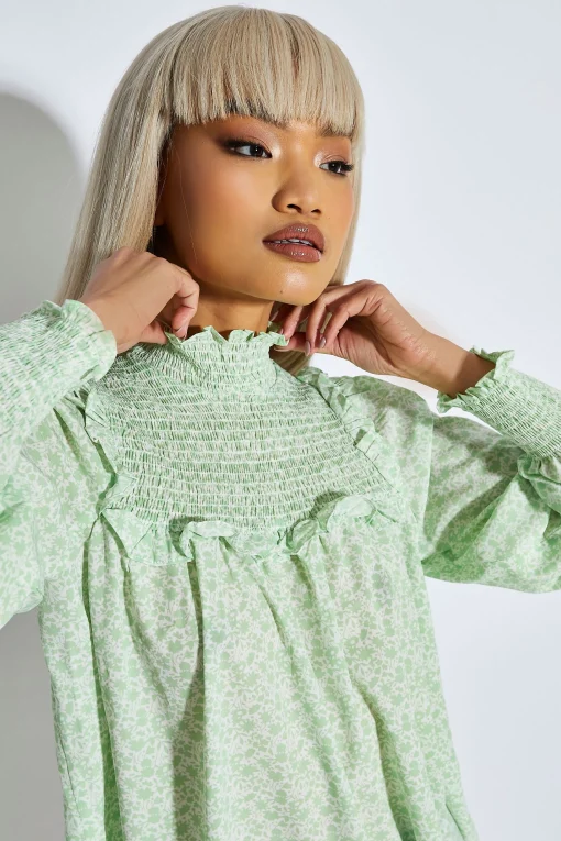 Glamorous Blouses & Shirts|White Mint Ditsy High Neck Blouse -