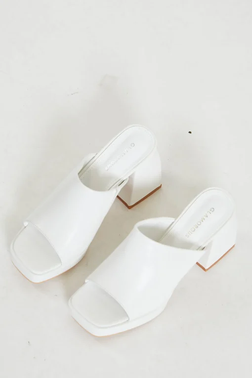 Glamorous Special Extras|Go To Partywear|White PU Block Heel Mules -