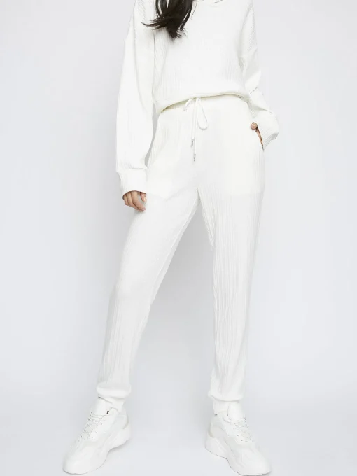 Glamorous Jet Setter|White Relaxed Soft Ribbed Loungewear Trousers -
