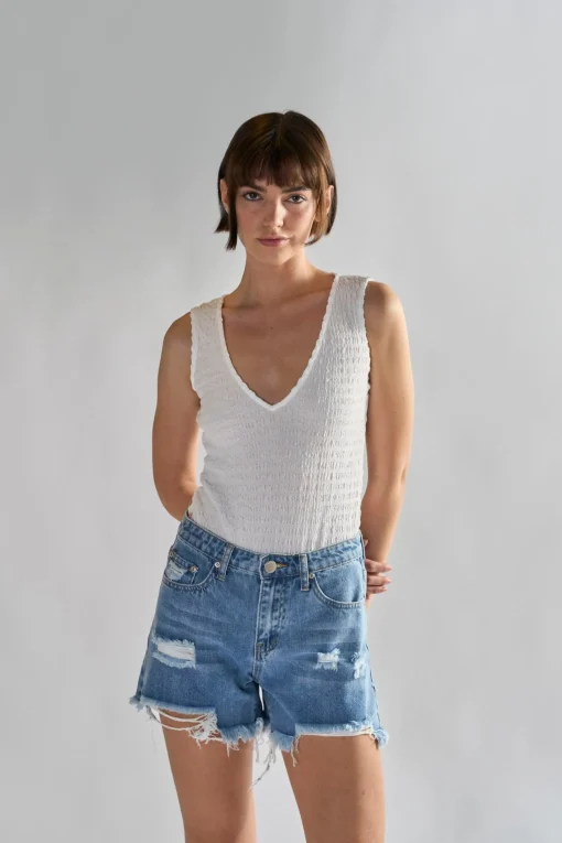 Glamorous Chic Escapes|White Textured V- Neck Bodysuit -