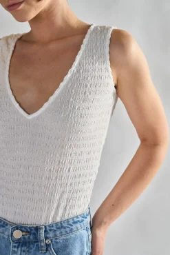 Glamorous Chic Escapes|White Textured V- Neck Bodysuit -