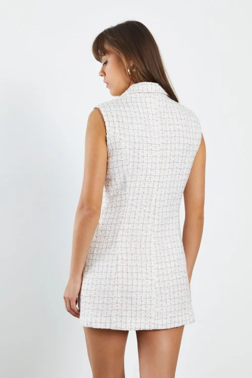 Glamorous Workwear|Go To Partywear|White Tweed Sleeveless Mini Blazer Dress -