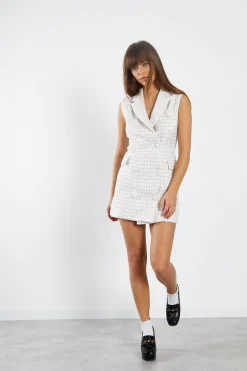 Glamorous Workwear|Go To Partywear|White Tweed Sleeveless Mini Blazer Dress -