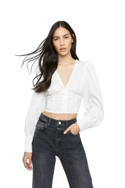 Glamorous Blouses & Shirts|White V- Neck Button Front Blouse -