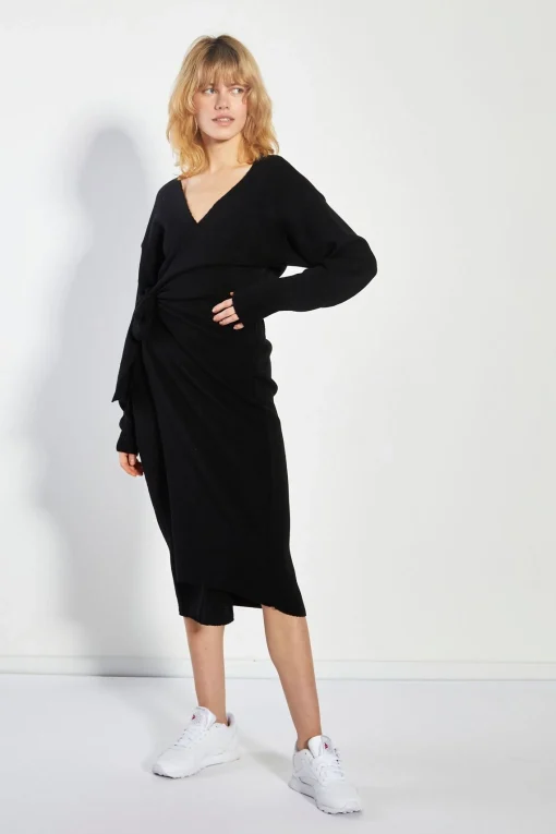 Glamorous Prom|Day Dresses|Women's Black Tie-Waist Knitted Midi-Dress -