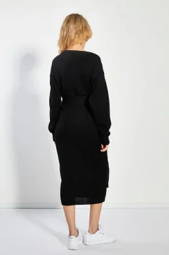 Glamorous Prom|Day Dresses|Women's Black Tie-Waist Knitted Midi-Dress -