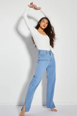 Glamorous High Waisted Jeans|Straight Leg Jeans|Womens Bright Bleach Blue High Waisted Straight Leg Jeans wi -