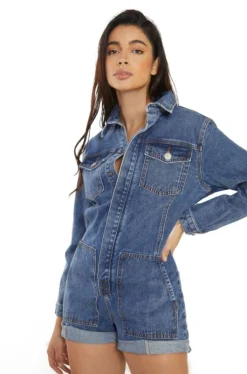 Glamorous Playsuits|Womens Mid Stonewash Denim Playsuit -