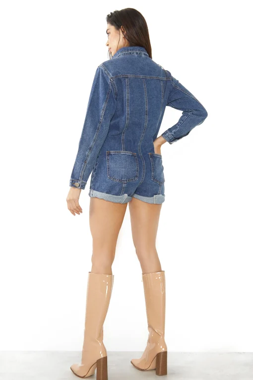 Glamorous Playsuits|Womens Mid Stonewash Denim Playsuit -