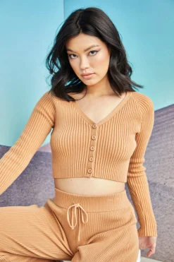 Glamorous Cardigans|Womens Tan Button Up Ribbed Cardigan -