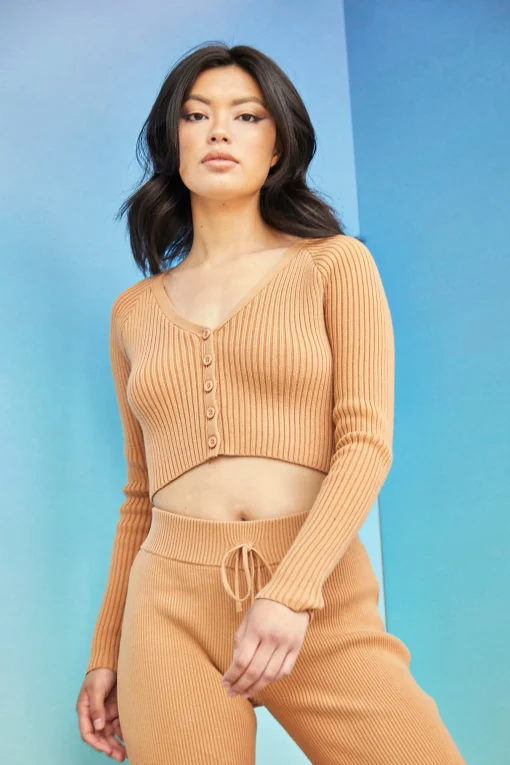 Glamorous Cardigans|Womens Tan Button Up Ribbed Cardigan -