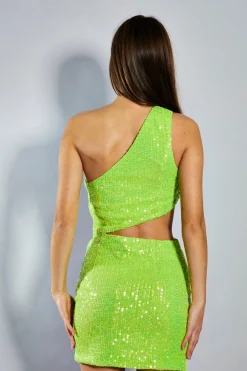 Glamorous Go To Partywear|Party Dresses|Yellow Clear Sequin Asymmetric Mini Dress with Gathered Side -