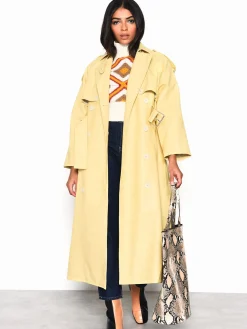 Glamorous Faux Fur & Leather|Longline Coats|Yellow Faux Leather Longline Trench Coat -
