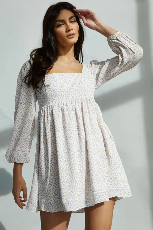 Glamorous Mini Dresses|Mini Dresses|Yellow Mini Ditsy Square Neck Shift Mini Dress -