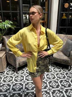 Glamorous Blouses & Shirts|Yellow Oversized Button Front Shirt -