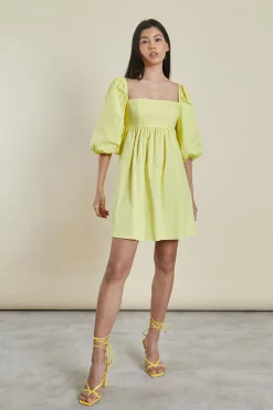 Glamorous Mini Dresses|Mini Dresses|Yellow Puff shoulder Tie Back Mini Dress -