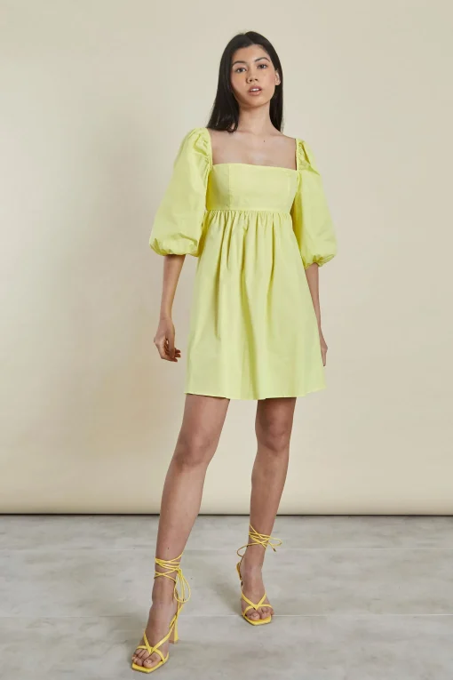 Glamorous Mini Dresses|Mini Dresses|Yellow Puff shoulder Tie Back Mini Dress -