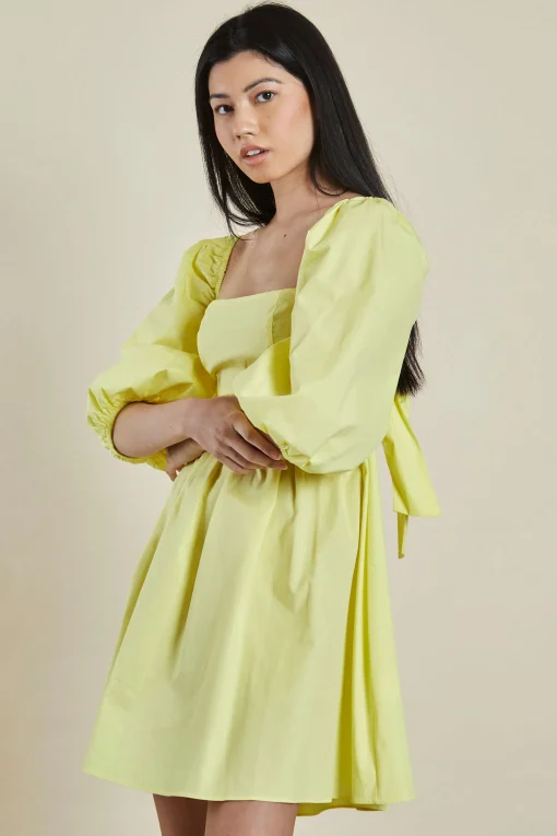 Glamorous Mini Dresses|Mini Dresses|Yellow Puff shoulder Tie Back Mini Dress -
