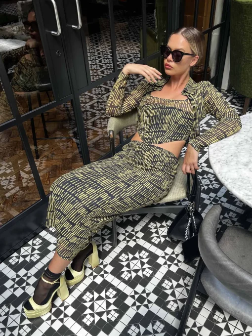 Glamorous Co-ords|Blouses & Shirts|Yellow Sketch Stripe Mesh Skinny Fit Shirt -